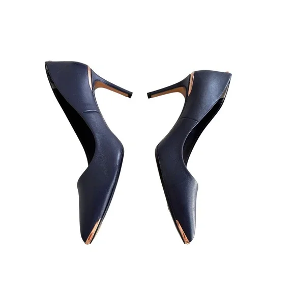Ted Baker London Navy Leather Pumps 39 Pointed Toe Stiletto Gold Toe Cap Heels - Picture 4 of 10